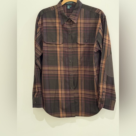 Vintage Ralph Lauren Brown tan plaid button-up shirt elbow patches. Size large. - Picture 1 of 5